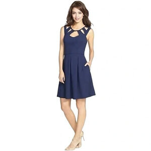 Betsey Johnson Navy Cage Cutout Pockets Pleat Mini Dress Fit and Flare EUC Sz 10